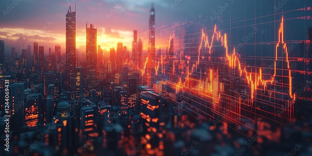 Naklejka premium Urban skyline at sunset with financial data overlay illustrating market trends and activity