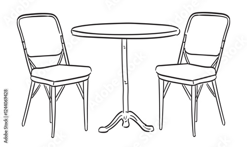 Hand drawn ink table and chairs illustrations. Italian style cafe dinner table icon drawings for wedding invitations, cafe and restaurant menus and parties decoration. Sketch doodle style drawing.