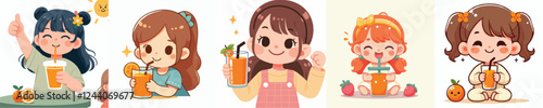 vector set of kids drinking orange juice