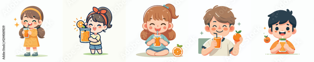 vector set of kids drinking orange juice vector set of kids drinking orange juice