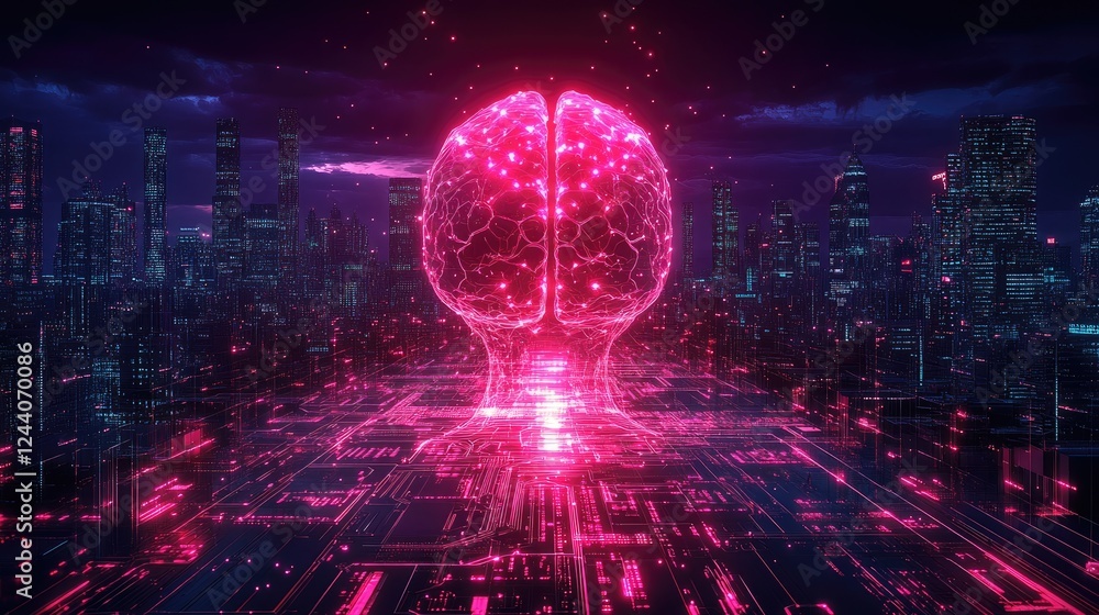 Fototapeta premium A futuristic digital brain surrounded by a vibrant cityscape and circuitry.