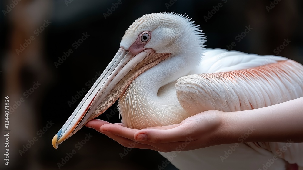 Graceful encounter with a pelican as it rests in a gentle hand during a serene afternoon at the local wildlife sanctuary. Generative AI Graceful encounter with a pelican as it rests in a gentle hand during a serene afternoon at the local wildlife sanctuary. Generative AI