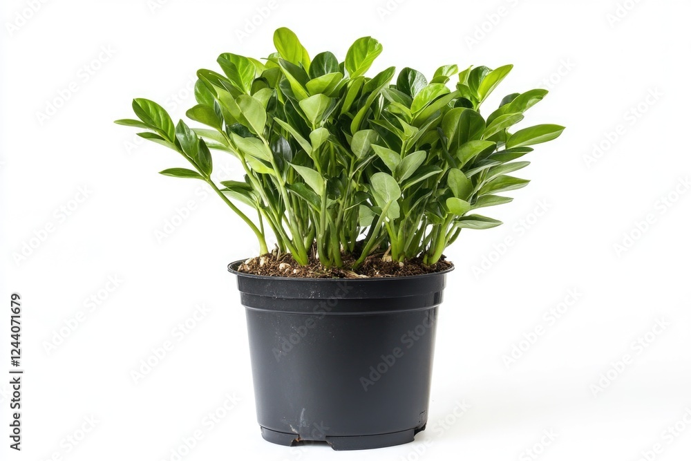 Fototapeta premium A small potted plant with bright green leaves sits on a clean white surface