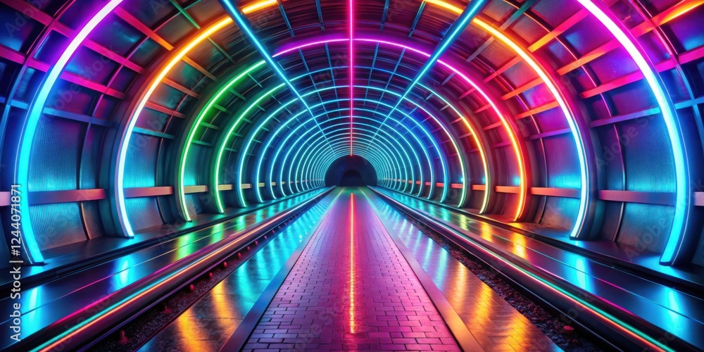 Vibrant Neon Tunnel with Illuminated Pathway and Sleek Metallic Walls Vibrant Neon Tunnel with Illuminated Pathway and Sleek Metallic Walls