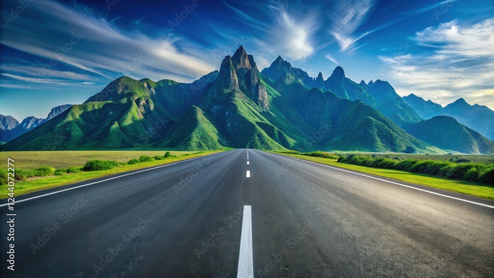Naklejka premium Asphalt road leading to a majestic mountain range under a vibrant sky