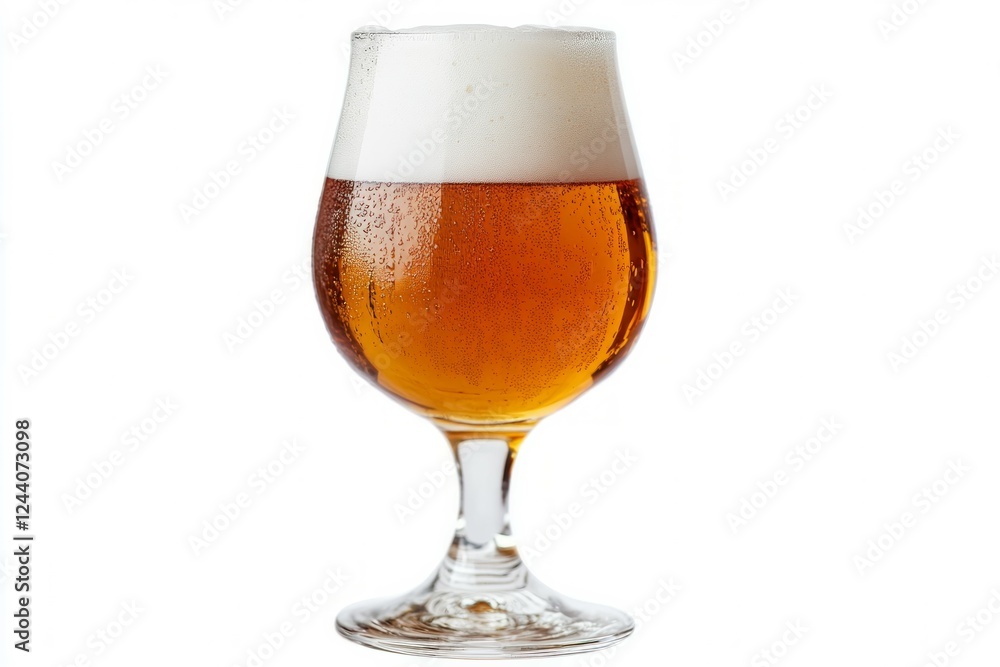 Glass of amber beer with frothy head on white background. Neural network AI generated Glass of amber beer with frothy head on white background. Neural network AI generated