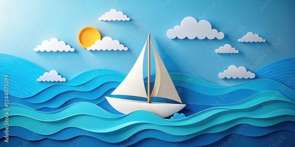 Naklejka premium Serene Paper Craft Sailboat on a Blue Ocean Under a Sunny Sky