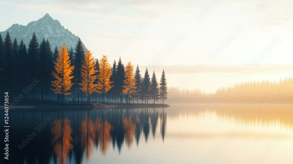 Fototapeta premium Serene Lake under Golden Trees Reflecting in Calm Water at Dawn