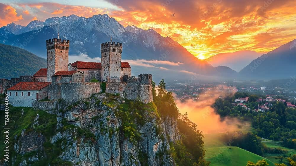 Majestic castle on a rocky cliff at sunset with mountains in background Majestic castle on a rocky cliff at sunset with mountains in background