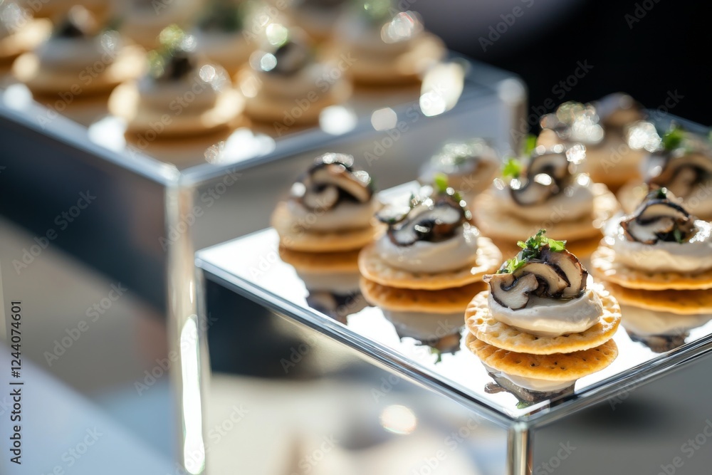 Elegant mini crackers with mushroom cream and truffle oil on a mirrored cube, reflecting the luxurious details Elegant mini crackers with mushroom cream and truffle oil on a mirrored cube, reflecting the luxurious details