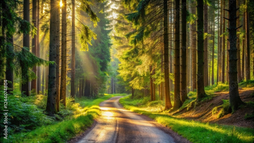 Fototapeta premium Sunlit Forest Path Winding Through Lush Green Woods