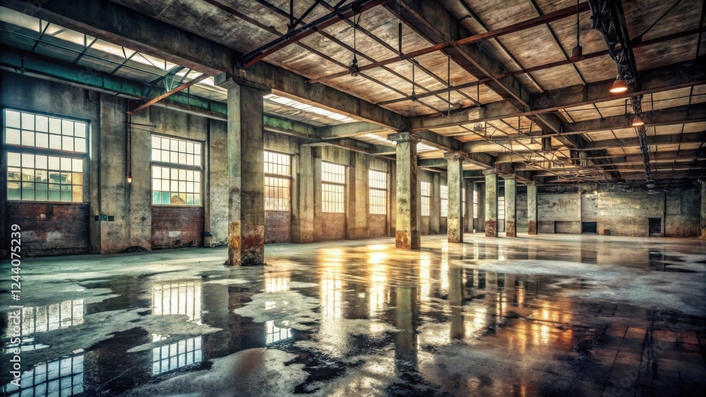 Sunlit Industrial Interior Abandoned Factory Space with Wet Floor Sunlit Industrial Interior Abandoned Factory Space with Wet Floor