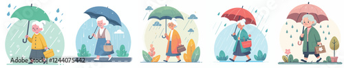 vector set of grandparents walking with umbrellas in the rain