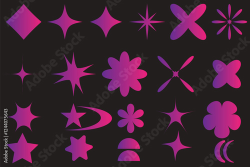 Modern brutalist flat symbol art set, vintage trendy memphis silhouette shape illustration, abstract simple cartoon figure design collection, geometric brutalism graphic in trendy 90s groovy style.