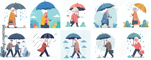 vector set of grandparents walking with umbrellas in the rain