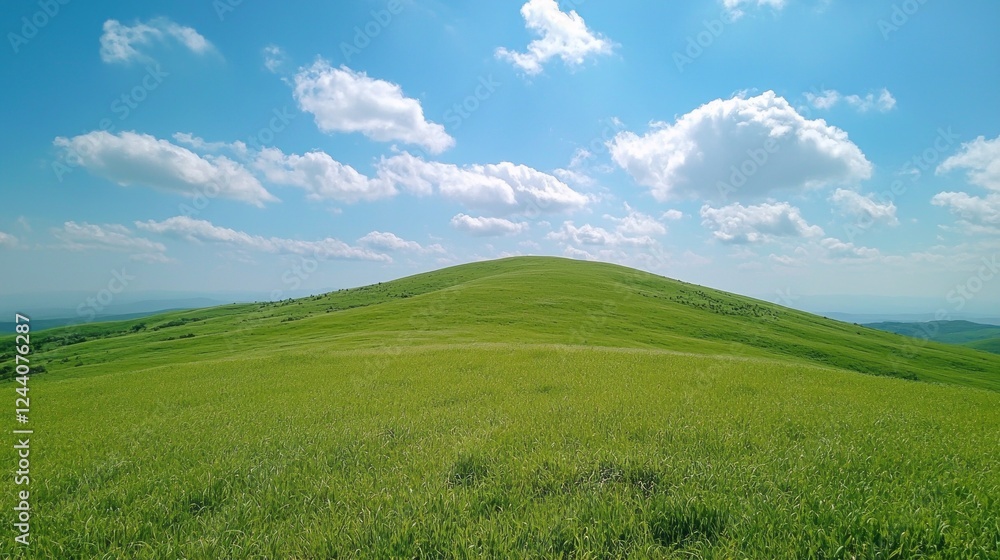 Rolling green hills stretch endlessly under a brilliant blue sky adorned with fluffy white clouds. The warm sunlight creates a serene atmosphere, perfect for outdoor adventures and relaxation Rolling green hills stretch endlessly under a brilliant blue sky adorned with fluffy white clouds. The warm sunlight creates a serene atmosphere, perfect for outdoor adventures and relaxation
