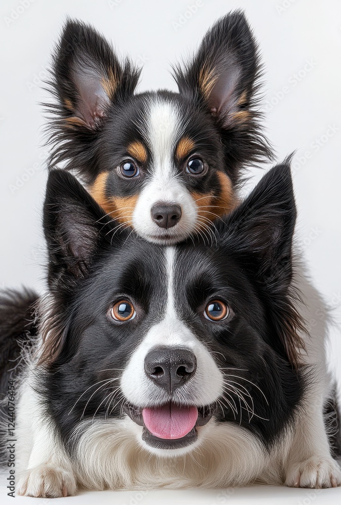 Fototapeta premium Adorable Puppy and Dog Duo Together with Bright Eyes and Playful Expressions in a Studio Setting with Clean White Background