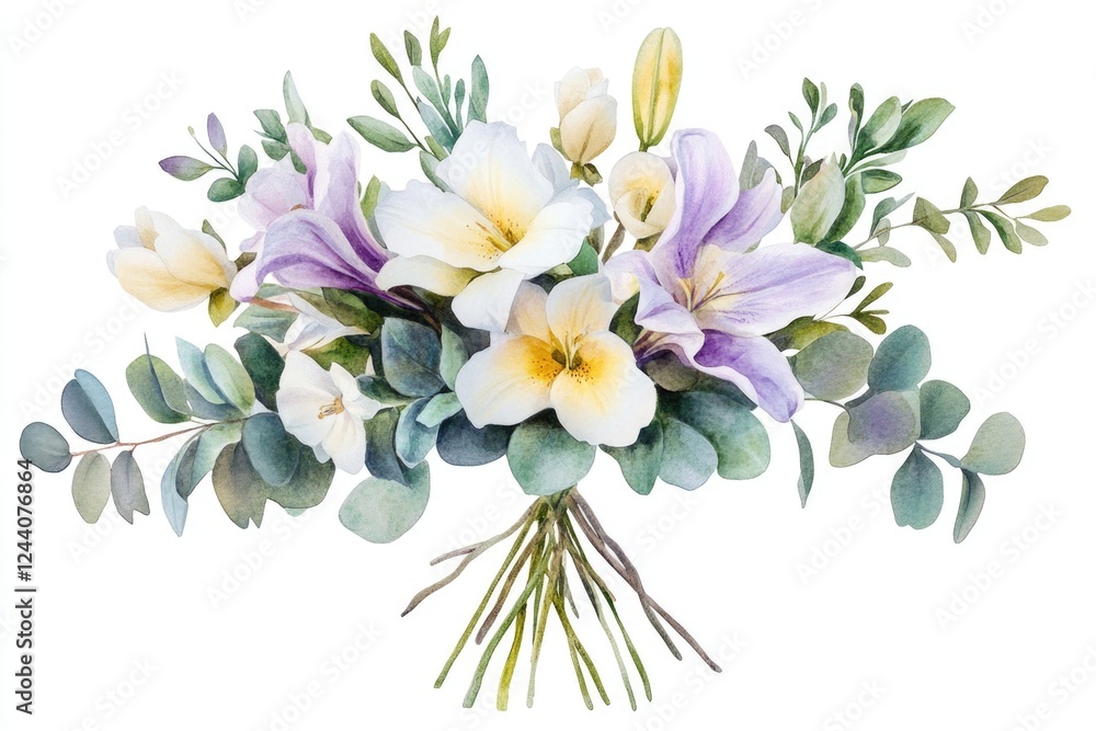 Fototapeta premium A beautiful bouquet of purple and white flowers on a white background, suitable for various occasions such as weddings, birthdays, or holidays