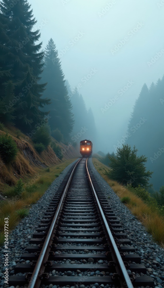 Fototapeta premium Narrow gauge railway disappears into swirling fog, enigmatic, train line