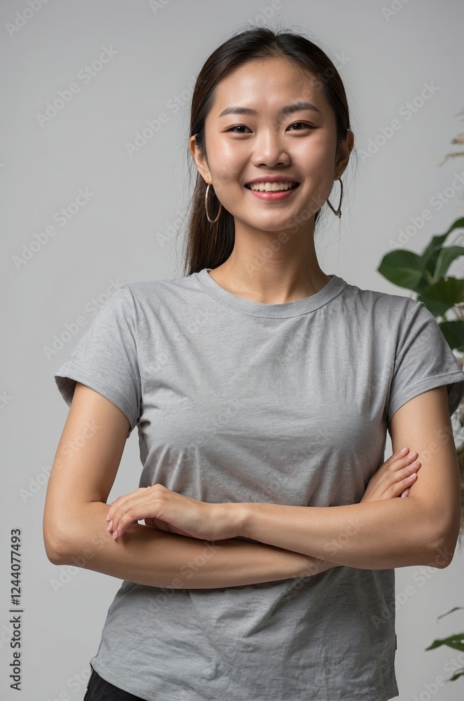 Young woman with long hair smiles confidently while posing in a casual grey t-shirt in a minimalist indoor setting Young woman with long hair smiles confidently while posing in a casual grey t-shirt in a minimalist indoor setting