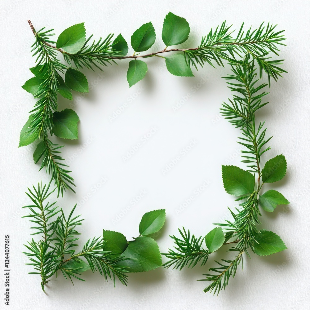 Lush green branches arranged symmetrically on a clean white background, copy space for text. Lush green branches arranged symmetrically on a clean white background, copy space for text.