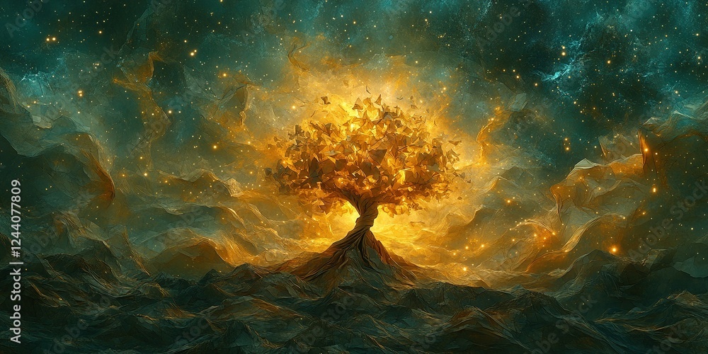 Obraz premium Majestic glowing tree stands atop a rocky terrain under a starry night sky, radiating light and warmth during the cosmic dawn