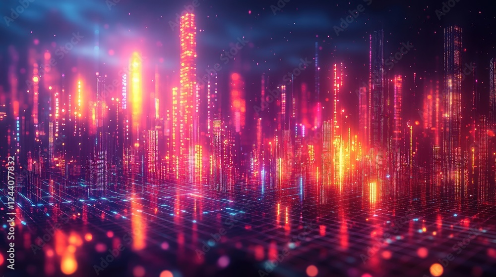 Fototapeta premium A vibrant digital landscape with glowing skyscrapers and abstract patterns.