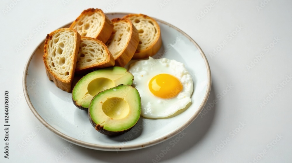 Simple breakfast plate with fried egg, avocado halves, and toasted bread slices Simple breakfast plate with fried egg, avocado halves, and toasted bread slices