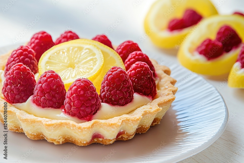 A delicious dessert featuring a tangy raspberry and lemon tart on a white plate A delicious dessert featuring a tangy raspberry and lemon tart on a white plate