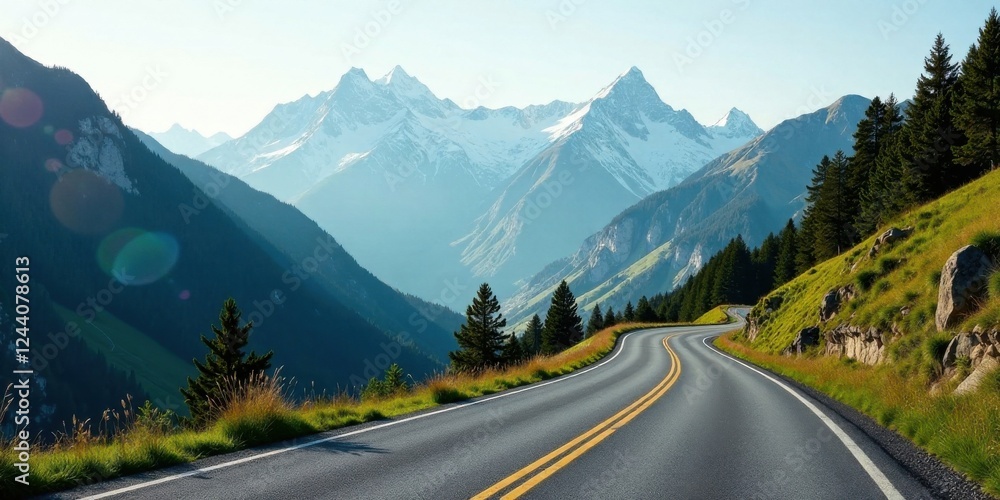 Naklejka premium Asphalt ribbon unwinding through a majestic mountain range, sunlight illuminating snow-capped peaks and verdant slopes, a scenic drive offering breathtaking views