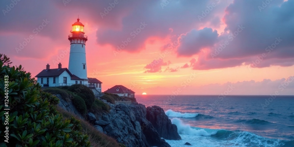 Naklejka premium Serene coastal sunset scene featuring a majestic lighthouse standing tall on dramatic cliffs, overlooking a vast ocean with crashing waves, bathed in the warm glow of a vibrant, colorful sky.