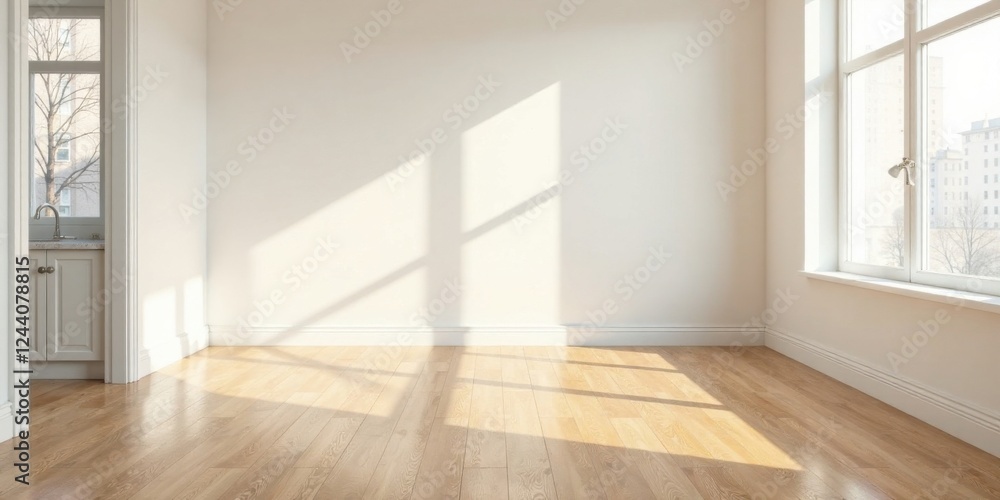 Sunlit Empty Room with Hardwood Floor and White Walls Ready for Interior Design Sunlit Empty Room with Hardwood Floor and White Walls Ready for Interior Design