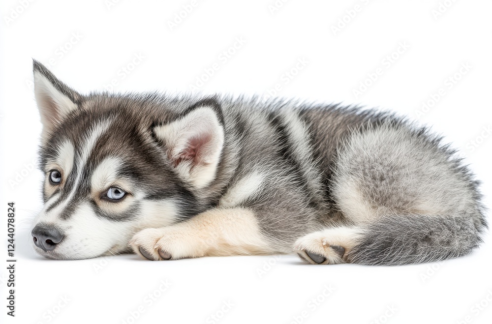 Adorable Siberian Husky Puppy Lying Down with Unique Blue Eyes on a White Background, Capturing Playfulness and Innocence of Young Canines Adorable Siberian Husky Puppy Lying Down with Unique Blue Eyes on a White Background, Capturing Playfulness and Innocence of Young Canines
