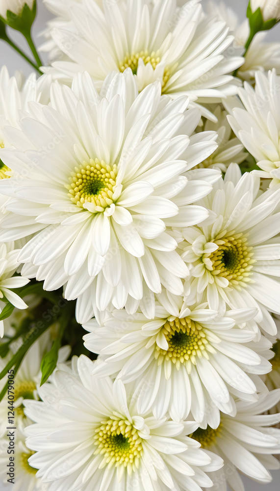 Fototapeta premium Close-up photo of white chrysanthemum bouquet. Abstract floral background, flat design. with white shades