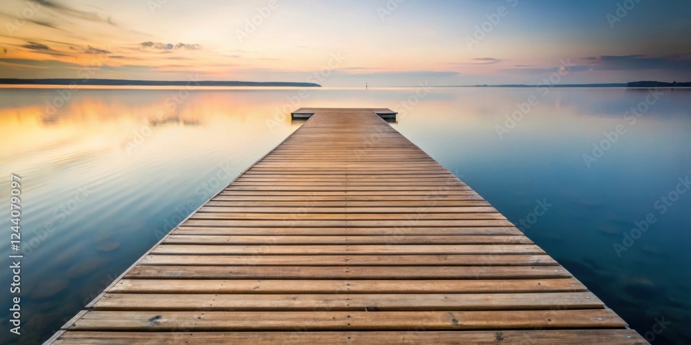 Serene Sunset View from a Wooden Dock Extending into Calm Water Serene Sunset View from a Wooden Dock Extending into Calm Water