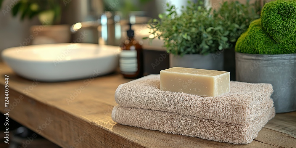 Elegant bathroom countertop featuring natural soap, fresh greenery, and soft towels at daytime Elegant bathroom countertop featuring natural soap, fresh greenery, and soft towels at daytime