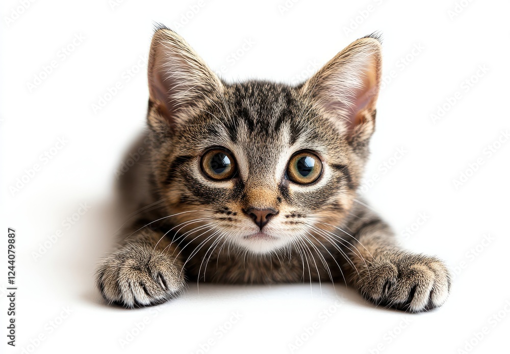 Obraz premium Adorable striped kitten with large expressive eyes lying on a white surface with paws stretched forward, looking curiously at the camera and captivating viewers