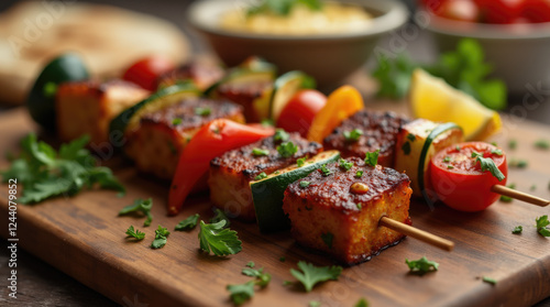 Freshly grilled vegetable skewers are arranged on a rustic wooden board, garnished with herbs. Bowls of sides like rice and tomatoes complement the delicious meal