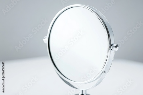 A mirror sits atop a clean white table, ready for use