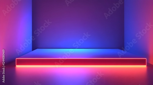 Vibrant neon lights in a minimalist 3D rendered studio backdrop creating a futuristic and atmospheric setting with a clean modern aesthetic