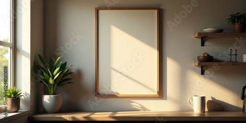 Sunlight illuminates a minimalist interior scene featuring a blank framed canvas  potted plants  and a wooden shelf with various objects.
