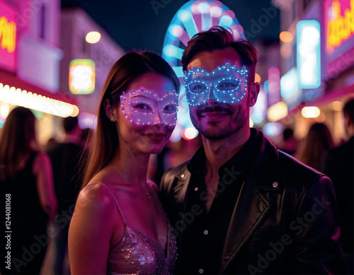 portrait of young couple wearing costumes in the night lights at the carnival