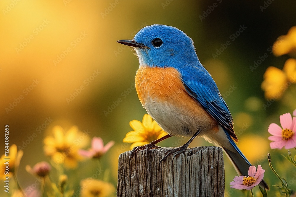 Eastern bluebird perched on rustic wooden post surrounded by colorful flowers in nature Eastern bluebird perched on rustic wooden post surrounded by colorful flowers in nature