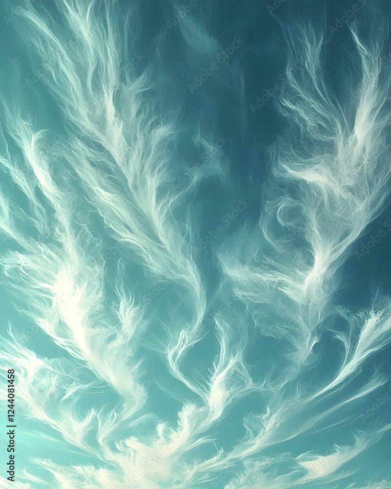 Fototapeta premium A mesmerizing view of wispy, ethereal clouds swirling against a soft turquoise sky, creating a tranquil and dreamlike atmosphere.