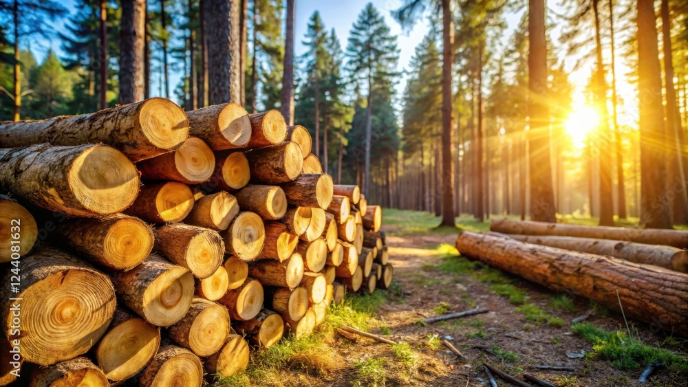 Golden Hour Lumber Stack in a Sunlit Forest Golden Hour Lumber Stack in a Sunlit Forest