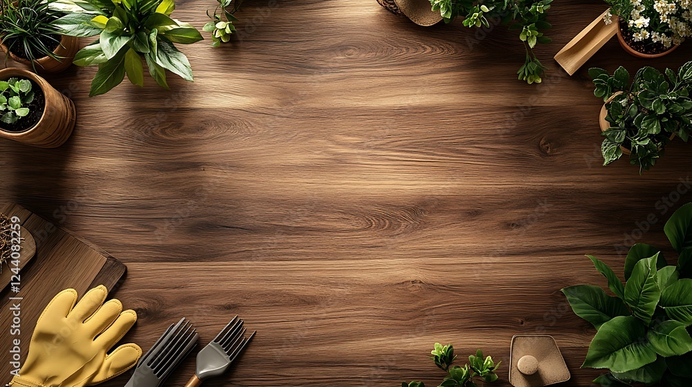 Obraz premium Gardening Tools and Flowers on Wooden Table