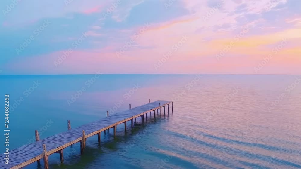 Gentle waves lap against a wooden pier stretching into the serene ocean, bathed in the soft, pastel hues of a slow motion sunrise, creating a tranquil and picturesque scene Gentle waves lap against a wooden pier stretching into the serene ocean, bathed in the soft, pastel hues of a slow motion sunrise, creating a tranquil and picturesque scene