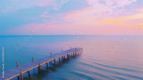 Wallpaper Mural Gentle waves lap against a wooden pier stretching into the serene ocean, bathed in the soft, pastel hues of a slow motion sunrise, creating a tranquil and picturesque scene Torontodigital.ca