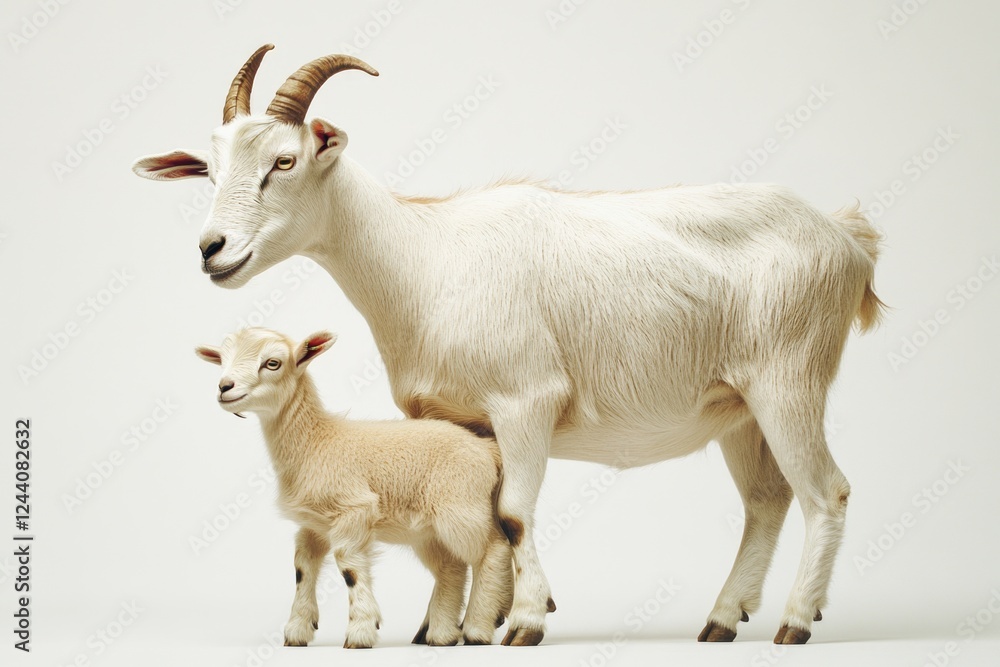 A goat and its young one standing side by side, a heartwarming moment of motherly love A goat and its young one standing side by side, a heartwarming moment of motherly love