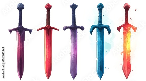 A collection of five colorful fantasy swords, each featuring a unique design and vibrant hues, suitable for game design, storytelling, or illustrating hero themes in artwork, photo